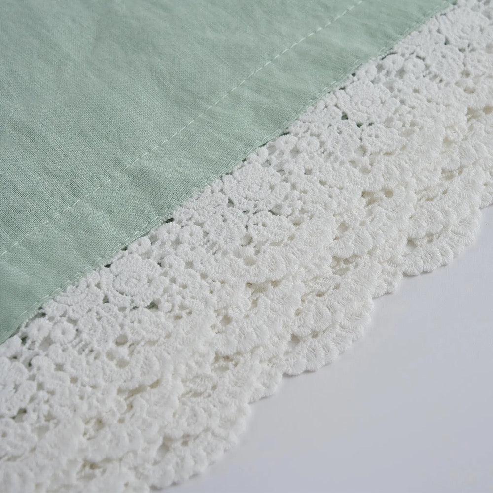 Sage Green French Linen Tablecloth with Lace –Spring Dining Table Cover, Custom Size, Handmade, Matching Napkins, Wedding & Farmhouse Décor