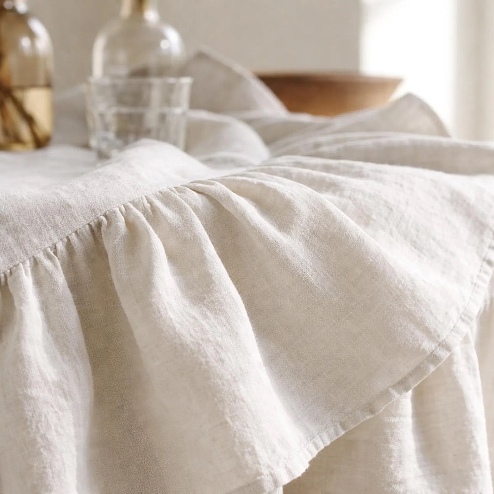 Oversized Round Linen Tablecloth with Ruffle, Floor Length European Linen Table Cover, Rustic Farmhouse Wedding Decor, Custom Size