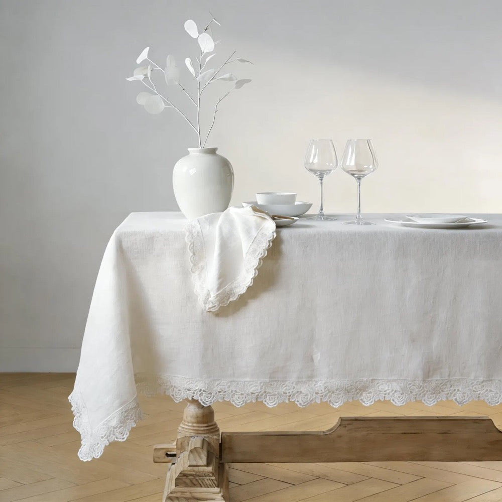 French Linen Tablecloth with Lace – Custom Size, Handmade, Matching Napkins, Wedding & Farmhouse Dining Décor, Rectangle or Square