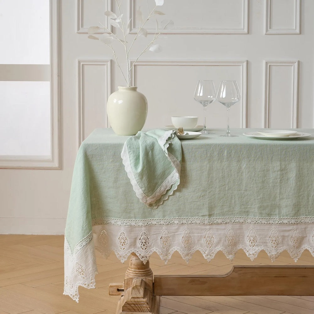 European Natural Linen Tablecloth with Lace Tirm, Washed Table Cover, Custom Size Table Linen, Large Width, Spring Farmhouse Rustic Style