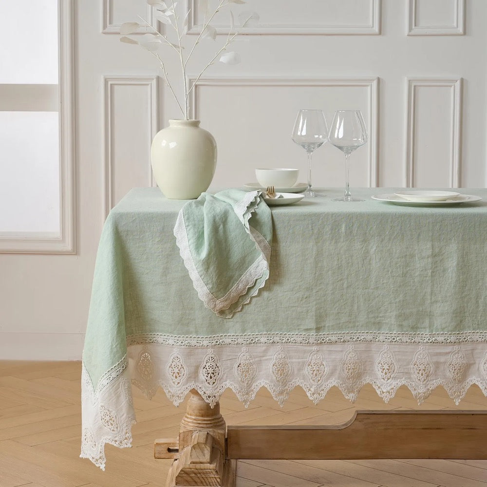 Sage Green French Linen Tablecloth with Lace –Spring Dining Table Cover, Custom Size, Handmade, Matching Napkins, Wedding & Farmhouse Décor