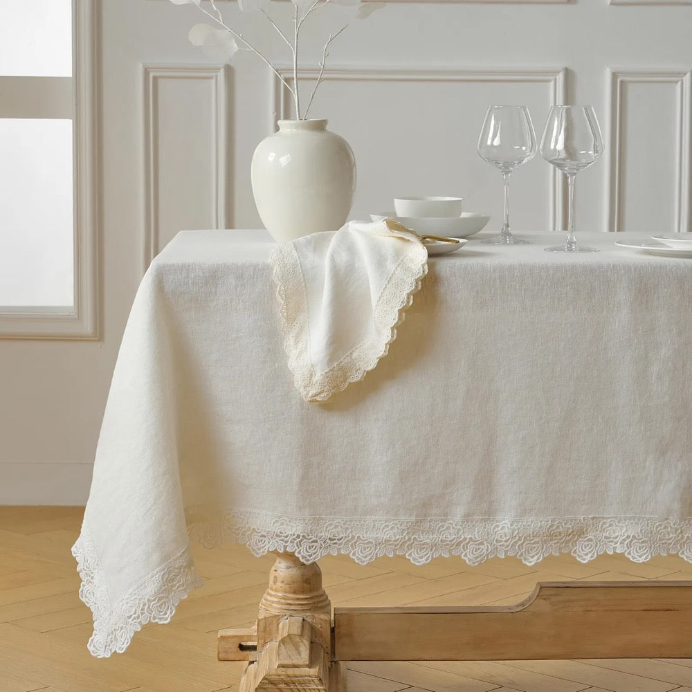 Sage Green French Linen Tablecloth with Lace –Spring Dining Table Cover, Custom Size, Handmade, Matching Napkins, Wedding & Farmhouse Décor