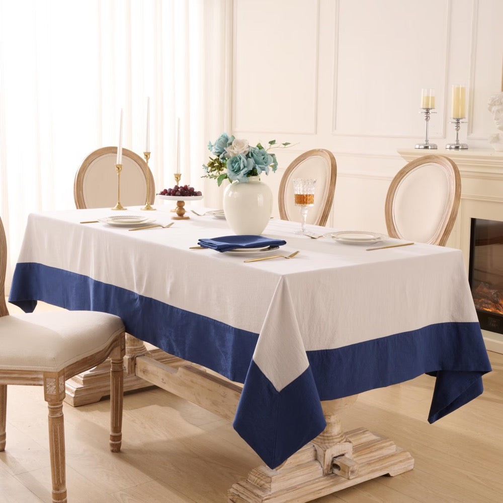 Two Tone Linen Tablecloth, White with Light Blue Border, Linen Cotton Blend Rectangular Tablecloth, Relaxed Crinkled Finish, Custom Size