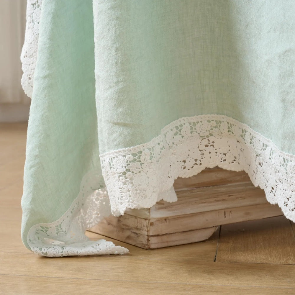 European Natural Linen Tablecloth with Lace Tirm, Washed Table Cover, Custom Size Table Linen, Large Width, Spring Farmhouse Rustic Style