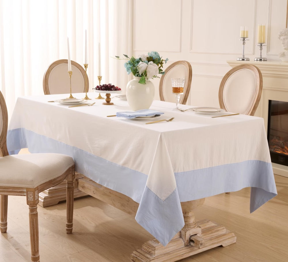 Two Tone Linen Tablecloth, White with Light Blue Border, Linen Cotton Blend Rectangular Tablecloth, Relaxed Crinkled Finish, Custom Size