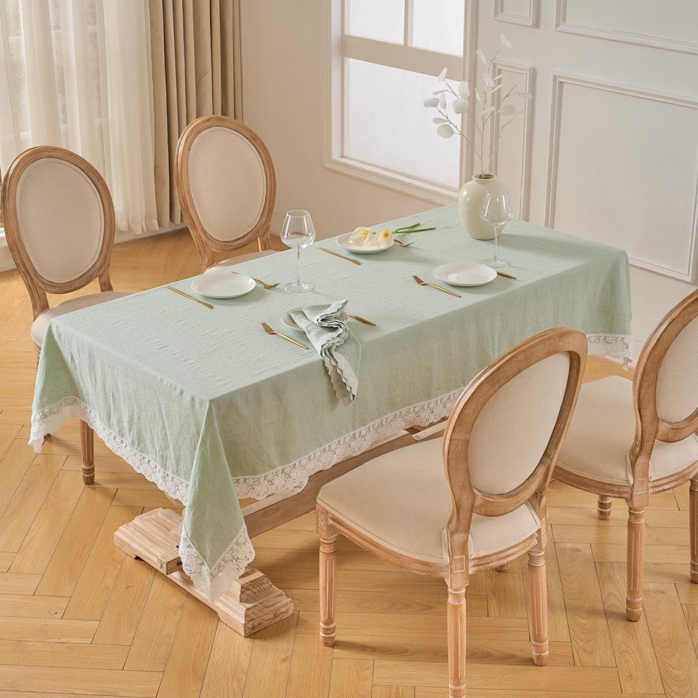 European Natural Linen Tablecloth with Lace Tirm, Washed Table Cover, Custom Size Table Linen, Large Width, Spring Farmhouse Rustic Style