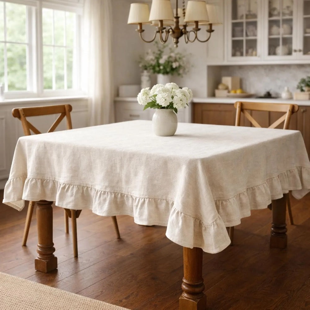 Linen Ruffle Tablecloth, Farmhouse or Square Linen Tablecloth with Ruffled Edge, Cottagecore or French Country Table Decor, Custom Size