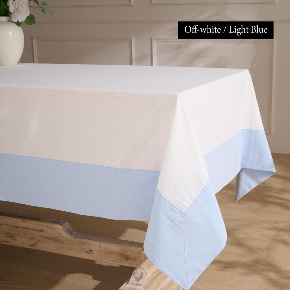 Two Tone Linen Tablecloth, White with Light Blue Border, Linen Cotton Blend Rectangular Tablecloth, Relaxed Crinkled Finish, Custom Size