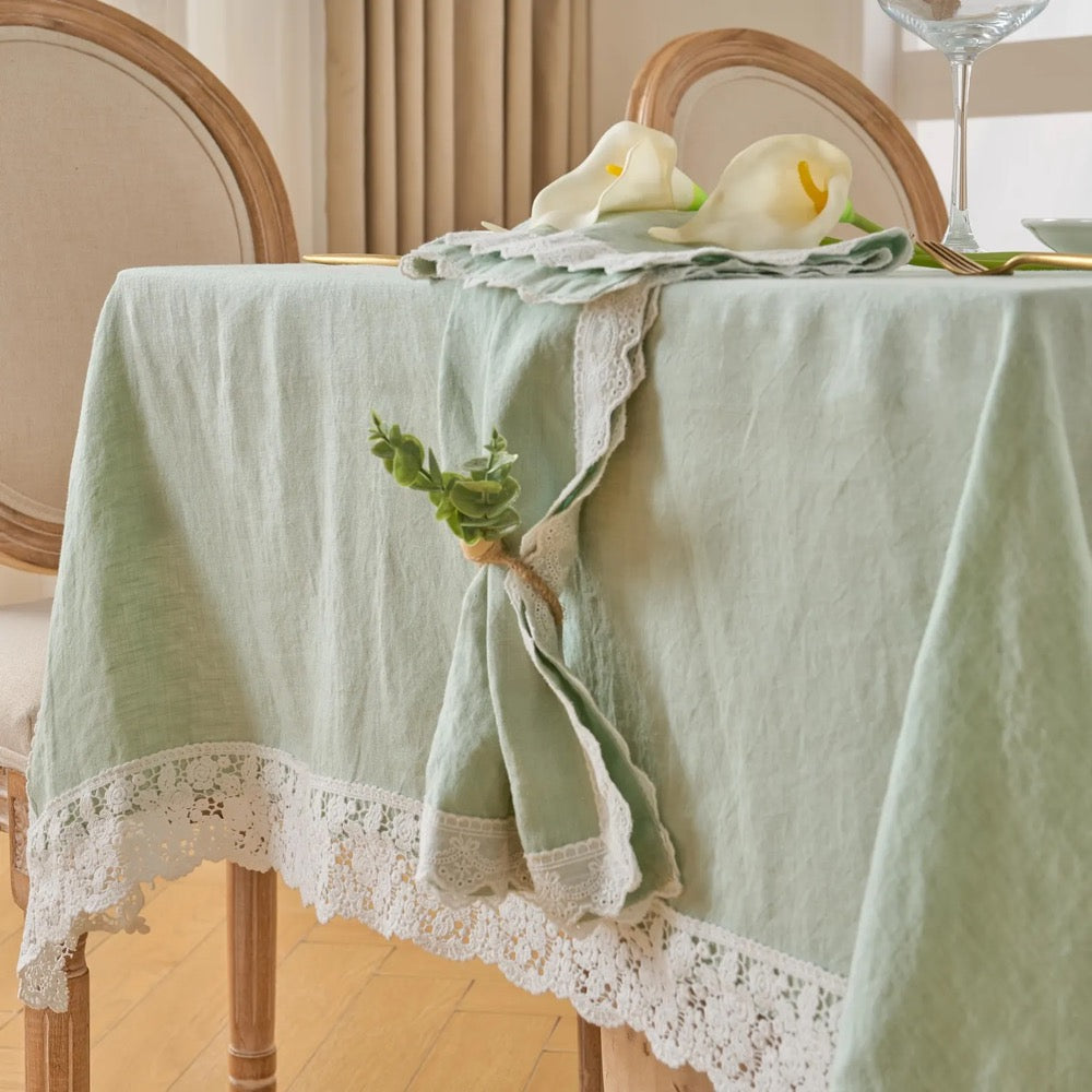 French Linen Tablecloth with Lace – Custom Size, Handmade, Matching Napkins, Wedding & Farmhouse Dining Décor, Rectangle or Square