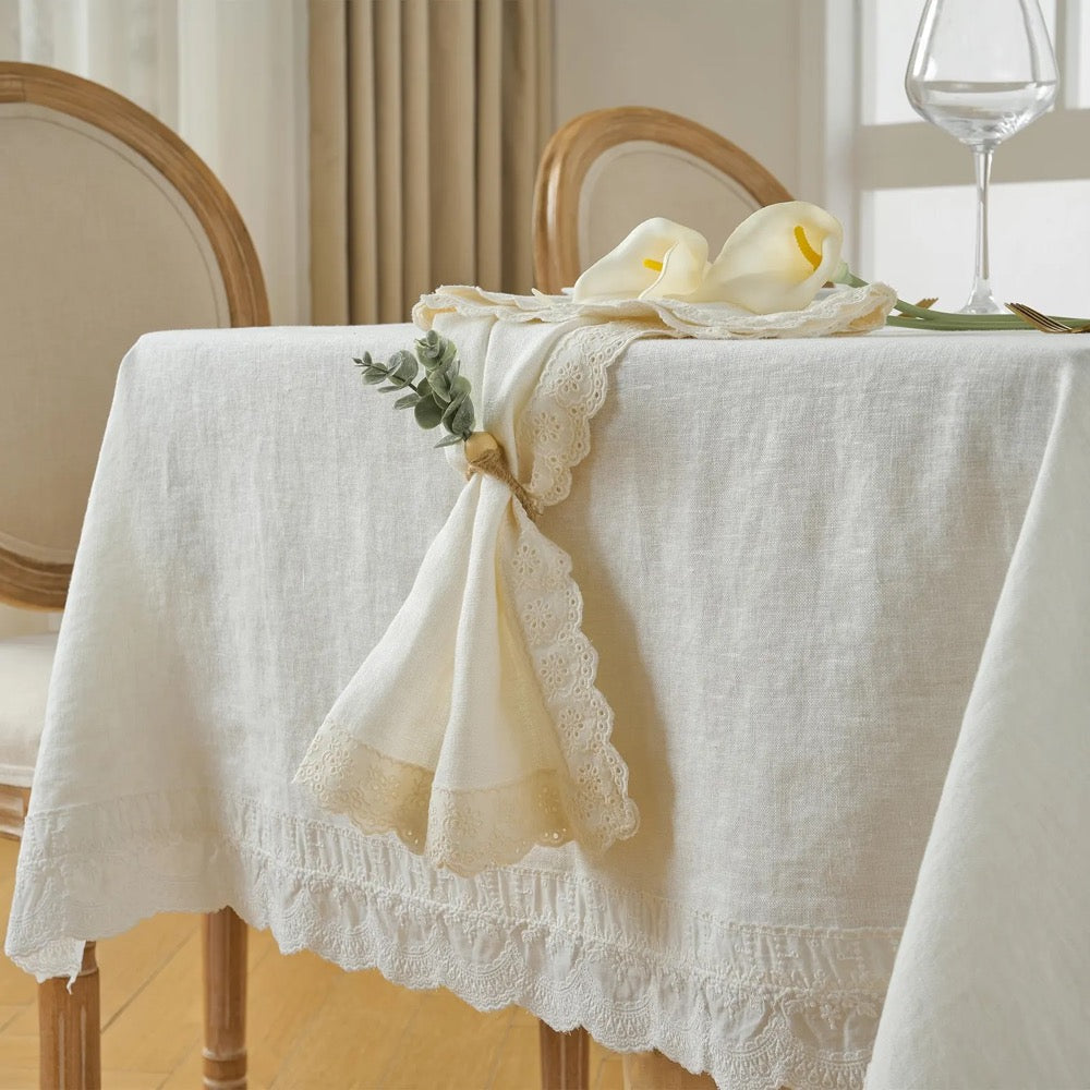 Sage Green French Linen Tablecloth with Lace –Spring Dining Table Cover, Custom Size, Handmade, Matching Napkins, Wedding & Farmhouse Décor