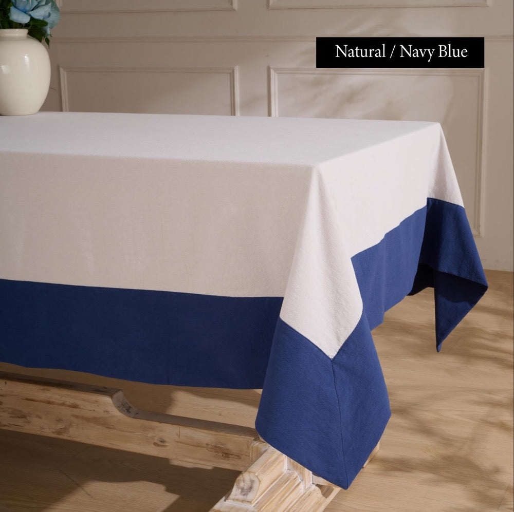 Two Tone Linen Tablecloth, White with Light Blue Border, Linen Cotton Blend Rectangular Tablecloth, Relaxed Crinkled Finish, Custom Size