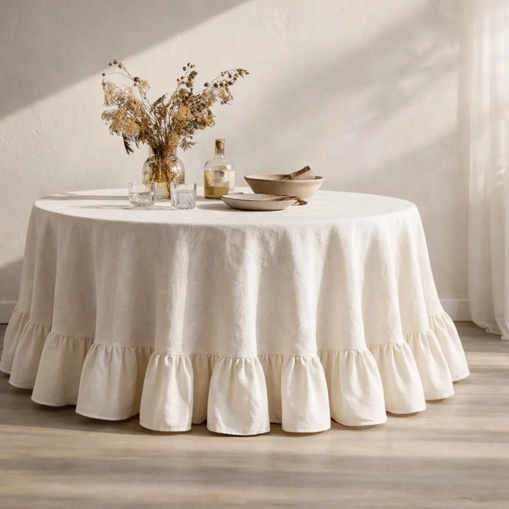 Oversized Round Linen Tablecloth with Ruffle, Floor Length European Linen Table Cover, Rustic Farmhouse Wedding Decor, Custom Size
