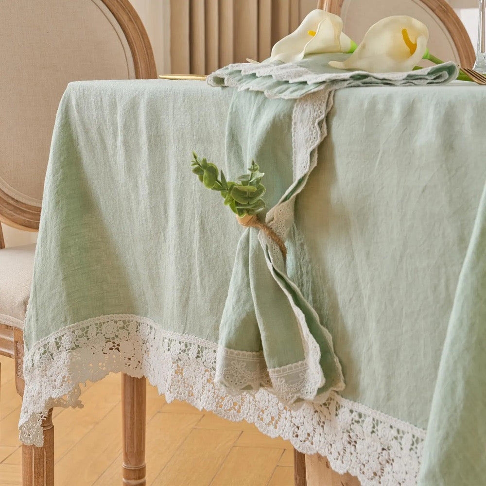 Sage Green French Linen Tablecloth with Lace –Spring Dining Table Cover, Custom Size, Handmade, Matching Napkins, Wedding & Farmhouse Décor