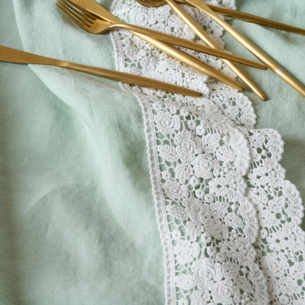European Natural Linen Tablecloth with Lace Tirm, Washed Table Cover, Custom Size Table Linen, Large Width, Spring Farmhouse Rustic Style