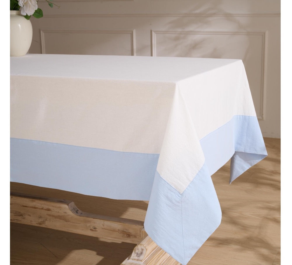 Two Tone Linen Tablecloth, White with Light Blue Border, Linen Cotton Blend Rectangular Tablecloth, Relaxed Crinkled Finish, Custom Size