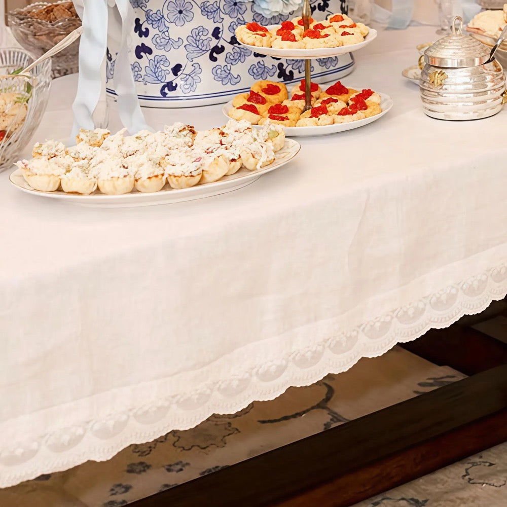 European Natural Linen Tablecloth with Lace Tirm, Washed Table Cover, Custom Size Table Linen, Large Width, Spring Farmhouse Rustic Style