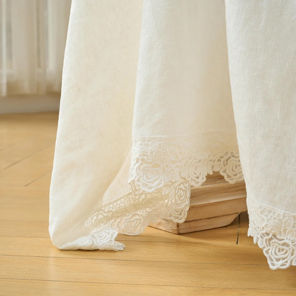 French Linen Tablecloth with Lace – Custom Size, Handmade, Matching Napkins, Wedding & Farmhouse Dining Décor, Rectangle or Square